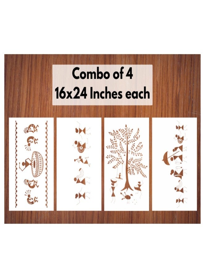 Stencart Stencil for Wall Painting Home Reusable Wall Stencil Designs Combo 4 of Drum, Musical, Tree and Wedding Warli Art (16 x 24 inch) - Image 1